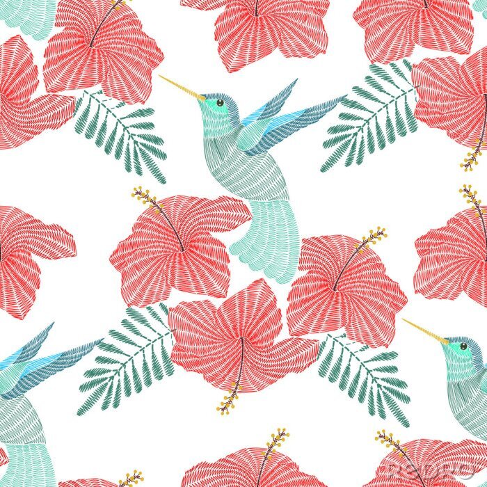 Sticker Stickerei Kolibri, exotischen tropischen Vogel mit Hibiskus Blume. Vector Mode ornamental nahtlose Muster für Textil.