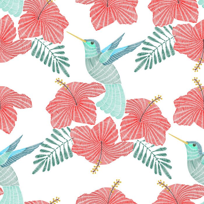 Sticker Stickerei Kolibri, exotischen tropischen Vogel mit Hibiskus Blume. Vector Mode ornamental nahtlose Muster für Textil.