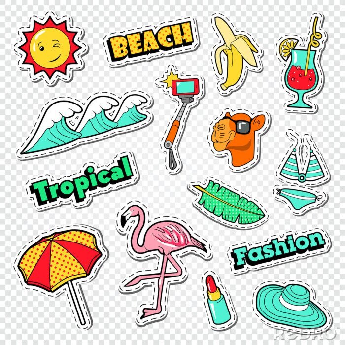 Sticker Strandurlaub Aufkleber Set. Tropische Feiertage Gekritzel mit Flamingo, Bikini und Cocktail. Vektor-Illustration