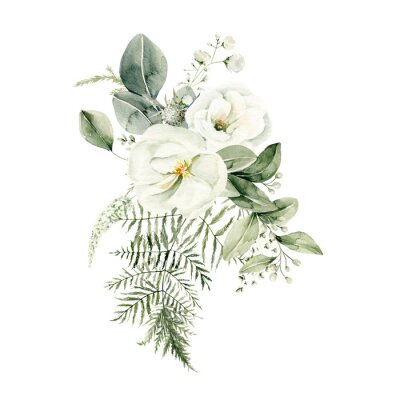 Sticker Strauß weißer Blumen mit grünen Blättern