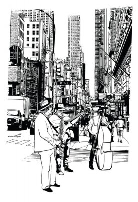 Sticker Street performers playing music at 5th Avenue in New York City