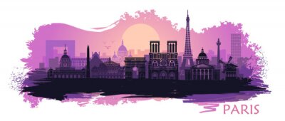 Sticker Stylized landscape of Paris with Eiffel tower, arc de Triomphe and Notre Dame Cathedral with spots and splashes of paint