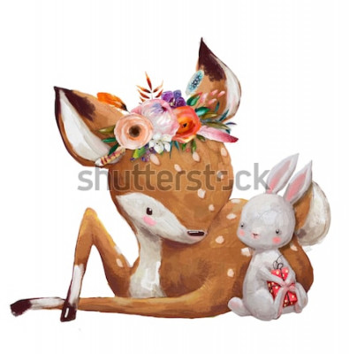 Sticker süßer kleiner Hase mit kleinem Hirsch