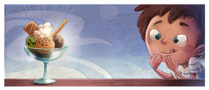 Sticker Süßigkeiten Eis in einem Becher und ein Kind