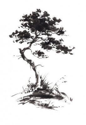 Sticker Sumi-e, u-sin, gohua Malerei Stile. Silhouette aus schwarzen Pinselstriche isoliert auf weißem Hintergrund.