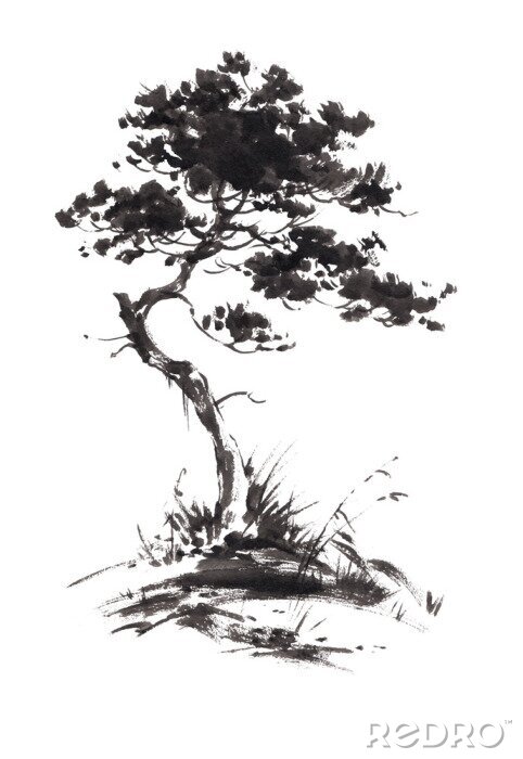 Sticker Sumi-e, u-sin, gohua Malerei Stile. Silhouette aus schwarzen Pinselstriche isoliert auf weißem Hintergrund.