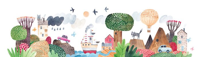 Sticker Summer. Watercolor landscape, mountains, hills, lake, trees and cute houses. Lake among the hills. Horizontal landscape.