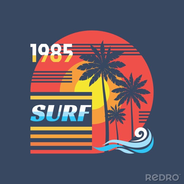 Sticker Surf - vector illustration concept in vintage graphic style for t-shirt and other print production. Palms, sun. Badge logo design. 80's style retro California beach.
