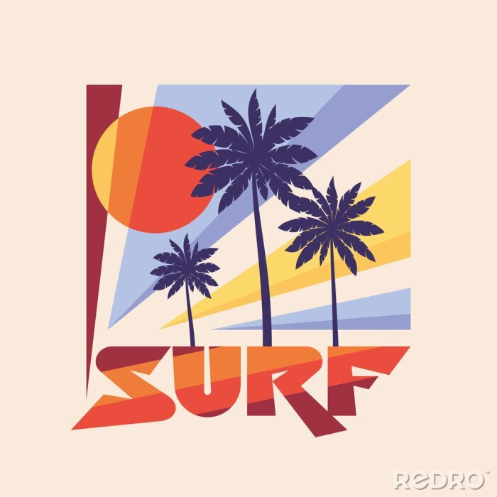 Sticker Surf - vector illustration concept in vintage graphic style for t-shirt and other print production. Palms, sun illustration. Badge logo design. 80's style vintage retro California beach.