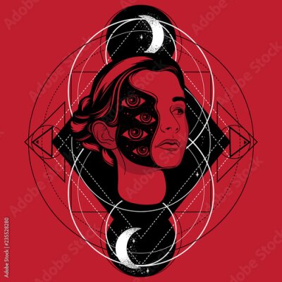 Poster Surreales Porträt einer Frau vor rotem Hintergrund