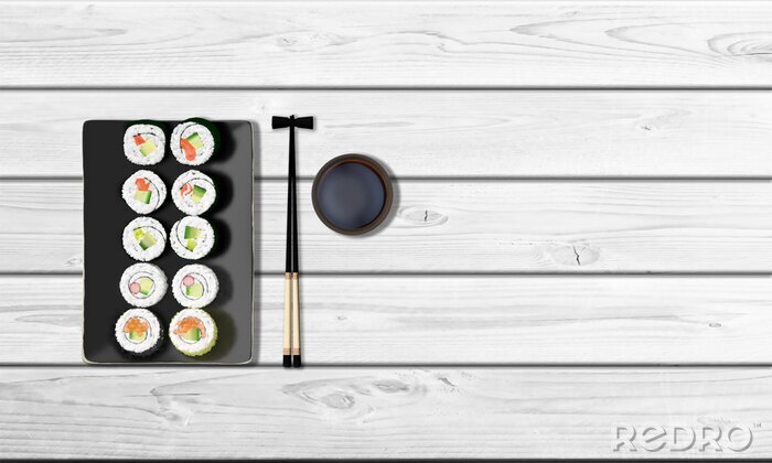 Sticker Sushi-Rollen auf einem Holztisch