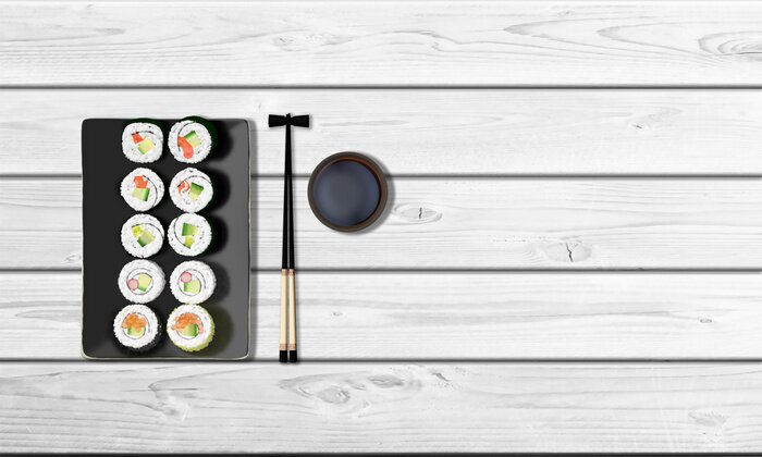 Sticker Sushi-Rollen auf einem Holztisch