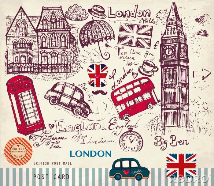 Sticker Symbole von London auf der Postkarte