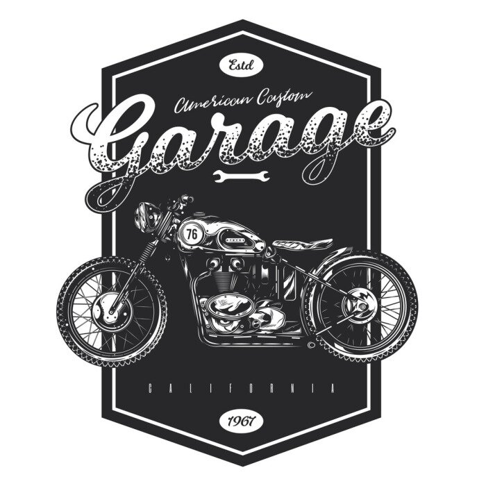 Sticker T-shirt or poster design with an illustration of an old motorcycle. Design with text composition on light and dark background.