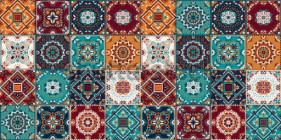 Sticker Talavera-Muster. Indisches Patchwork. Azulejos Portugal. Türkische Verzierung Marokkanisches Fliesenmosaik. Keramikgeschirr, Folk-Print. Spanische Keramik Ethnischer Hintergrund. Mediterrane nahtlose 