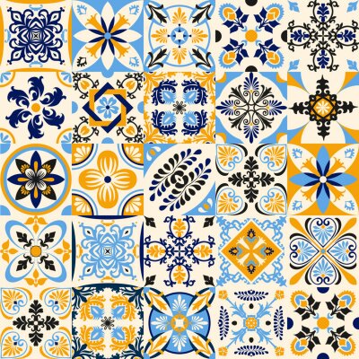Sticker Talavera pattern. Indian patchwork. Azulejos portugal. Turkish ornament. Moroccan tile mosaic. Ceramic tableware, folk print. Spanish pottery. Ethnic background. Mediterranean seamless wallpaper.