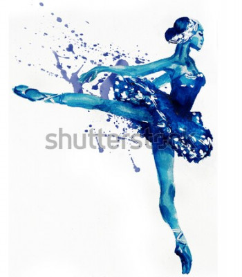 Sticker Tanzende Ballerina in Blau. Aquarellillustration