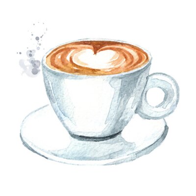 Sticker Tasse Kaffee mit Herz mit Aquarellfarben gemalt