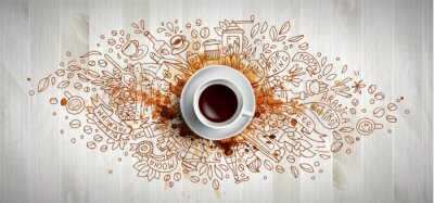 Sticker Tasse Kaffee umgeben von Bildern