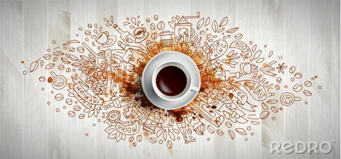 Sticker Tasse Kaffee umgeben von Bildern