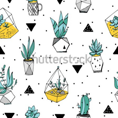 Sticker Terrarienmuster. Textur von Sukkulenten. Hand gezeichnete minimalistische Illustration. Skandinavisches Design mit floralen und geometrischen Elementen