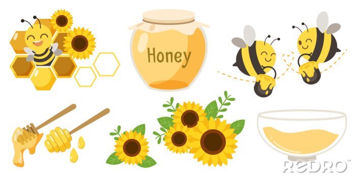 Sticker The collection of cute character of cute bee with beehive and honey jar and honey spoon and sunflower in flat vector style.Graphic resource about bee for graphic,content , banner, sticker label.