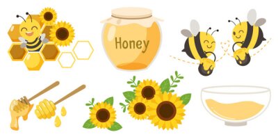 Sticker The collection of cute character of cute bee with beehive and honey jar and honey spoon and sunflower in flat vector style.Graphic resource about bee for graphic,content , banner, sticker label.