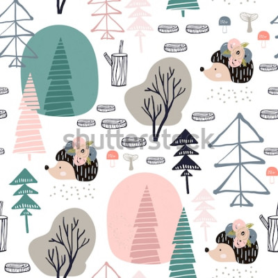 Sticker Tiere für Kinder Grafik mit Igeln und Bäumen
