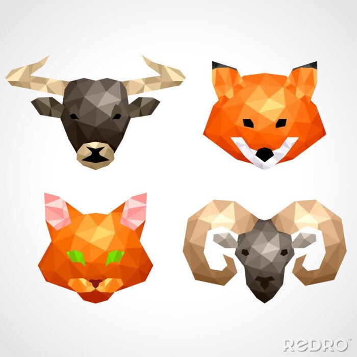 Sticker Tiere geometrische Köpfe von Fuchs, Katze, Widder und Stier