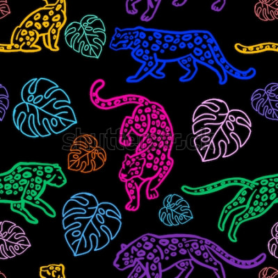 Sticker Tiere Neon-Tiger und Fensterblätter