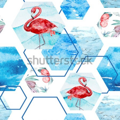 Sticker Tiere rosa Flamingos und blaue Sechsecke