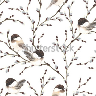 Sticker Tiere Vögel auf einem Weidenbaum mit sich entwickelnden Knospen