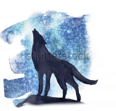 Sticker Tiere Wald heulender Wolf und Aquarellhimmel