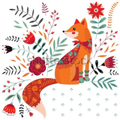 Sticker Tiere Wald Rotfuchs und rote Blumen