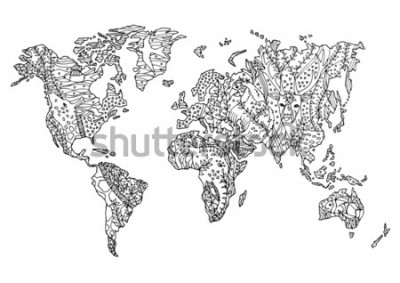 Sticker Tierweltkarte Wildtierblumenblumenzeichnung Design Hand gezeichnete Vektorillustration