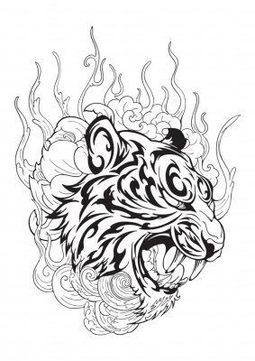 Sticker Tiger head in roar with lotus flower decorate with cloud or smoke design with oriental  Japanese tattoo style vector 