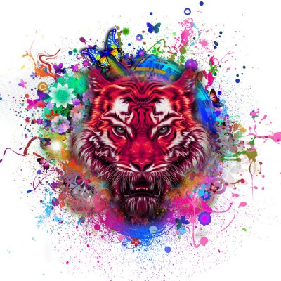 Sticker Tiger in Rot und bunte Farbflecken