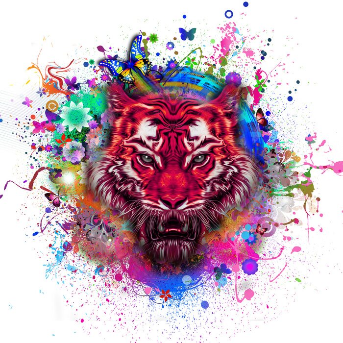 Sticker Tiger in Rot und bunte Farbflecken