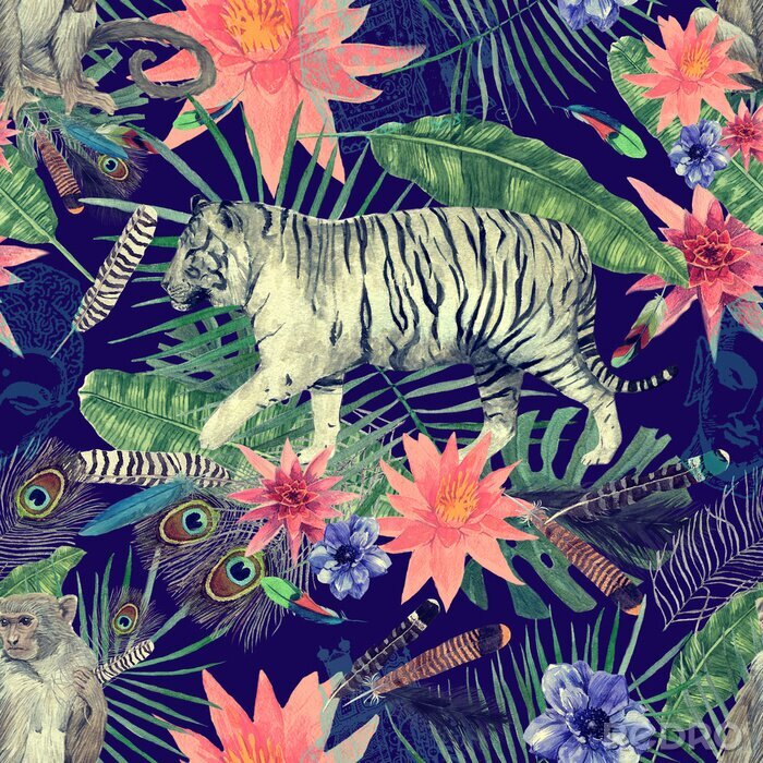 Sticker Tiger und Affen auf Hintergrund mit exotischen Pflanzen
