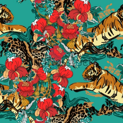 Sticker Tiger und rote Blumen grüner Hintergrund