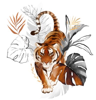 Sticker Tiger unter exotischen Pflanzen
