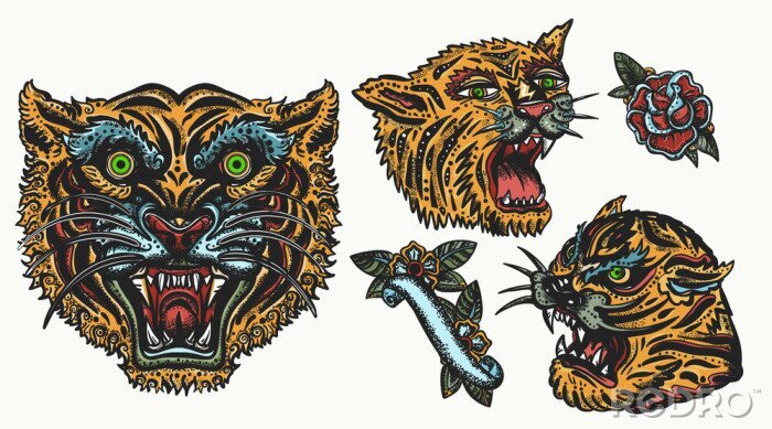 Sticker Tigers. Old school tattoo collection. Asian wild cats. Oriental style. Isolated elements. Traditional tattooing, japan style