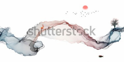 Sticker Tintenmalerei, künstlerische Landschaft, abstrakte Linien Hintergrund