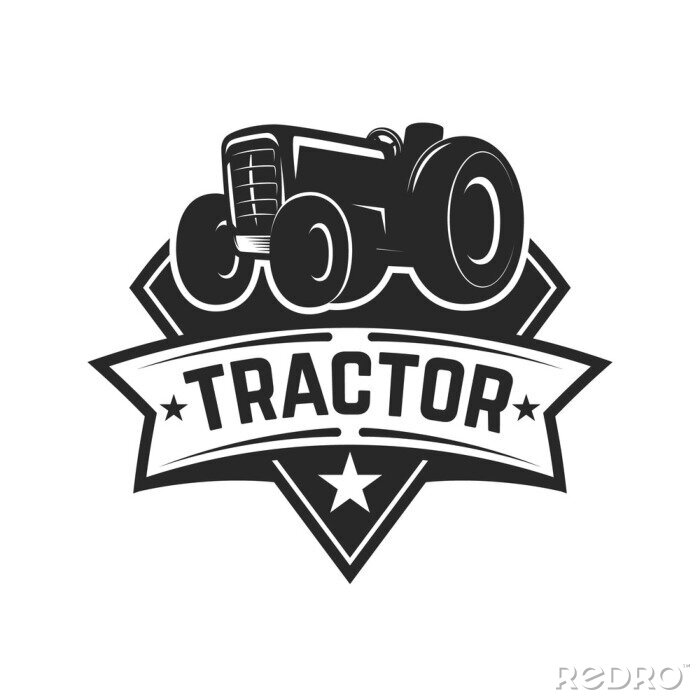 Sticker tractor emblem. Farmers market. Design element for logo, label, sign.
