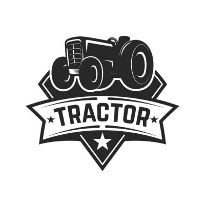 Sticker tractor emblem. Farmers market. Design element for logo, label, sign.