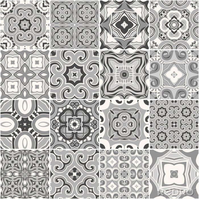 Sticker Traditional ornate portuguese decorative tiles azulejos in shades of gray