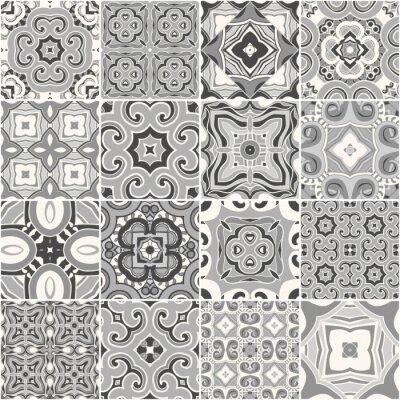 Sticker Traditional ornate portuguese decorative tiles azulejos in shades of gray