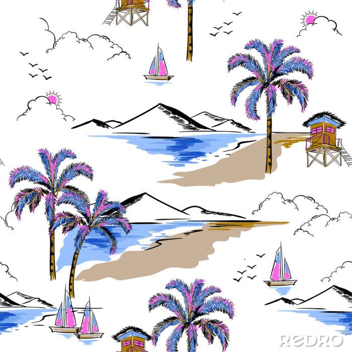 Sticker Trendy Hawaii in süßer Farbe nahtlosen Inselmustervektor. Landschaft mit Palmen, Strand und Ozeanvektor handgezeichneten Stil