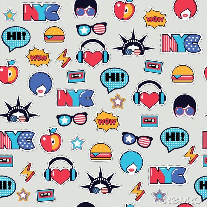 Sticker Trendy Pop Art nahtlose amerikanische Muster mit Patches und Aufkleber