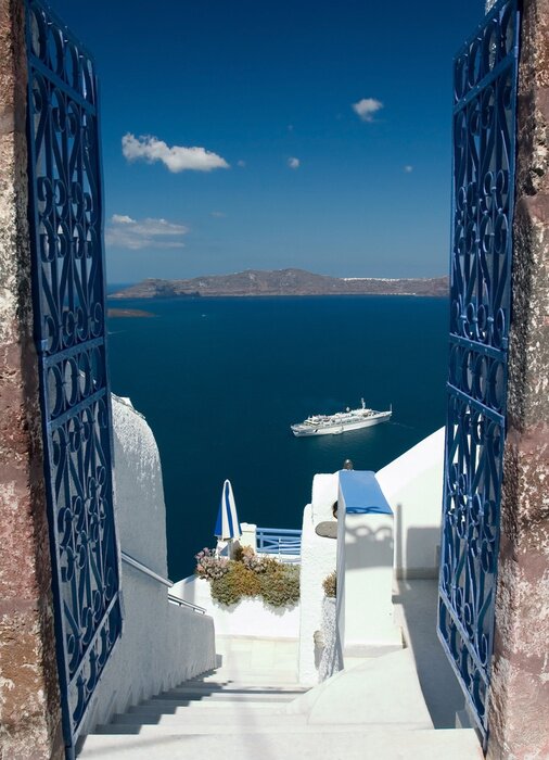 Sticker Treppe mit Meerblick in Santorin
